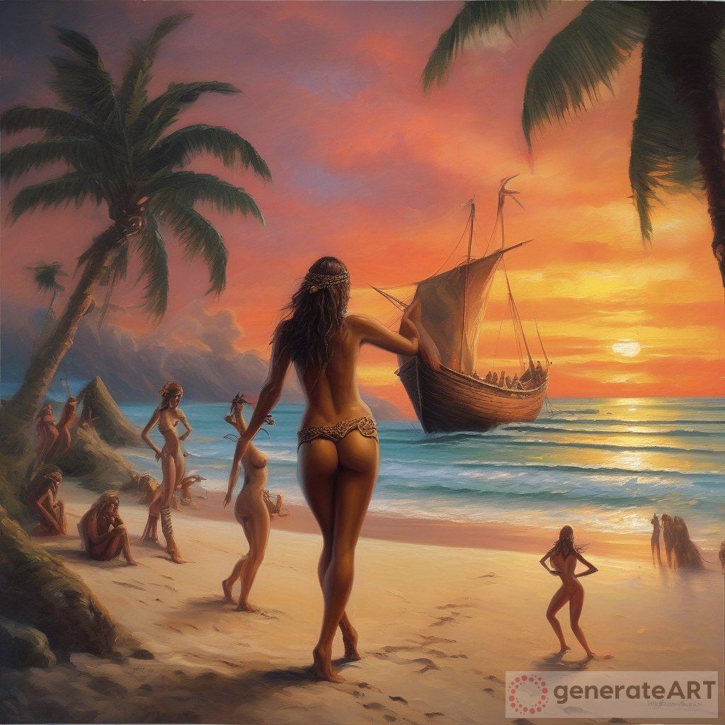 Tropical Sunset on Beach with Dancing Nude Girls and a Viking Ship |  GenerateArt