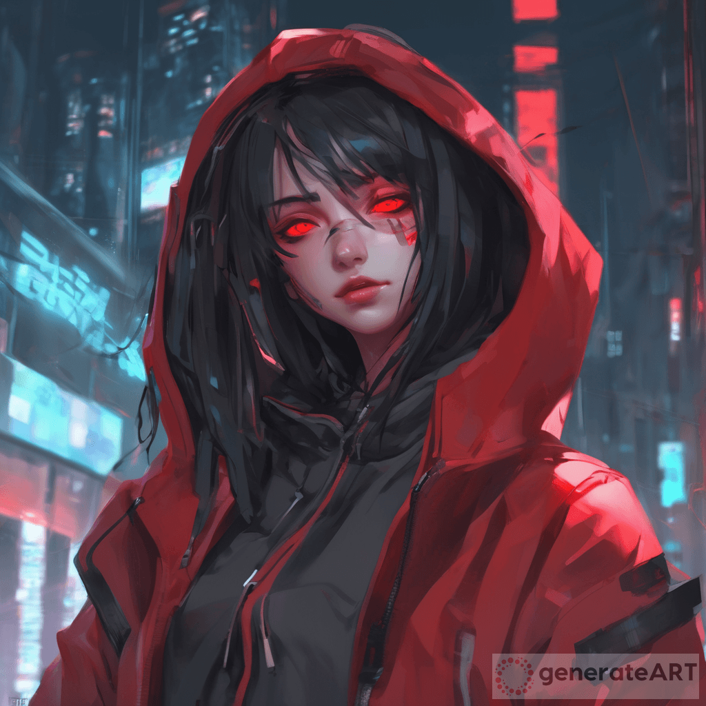 Cyberpunk Anime Art: The Enigmatic Girl in the Hoodie with Fiery Red ...