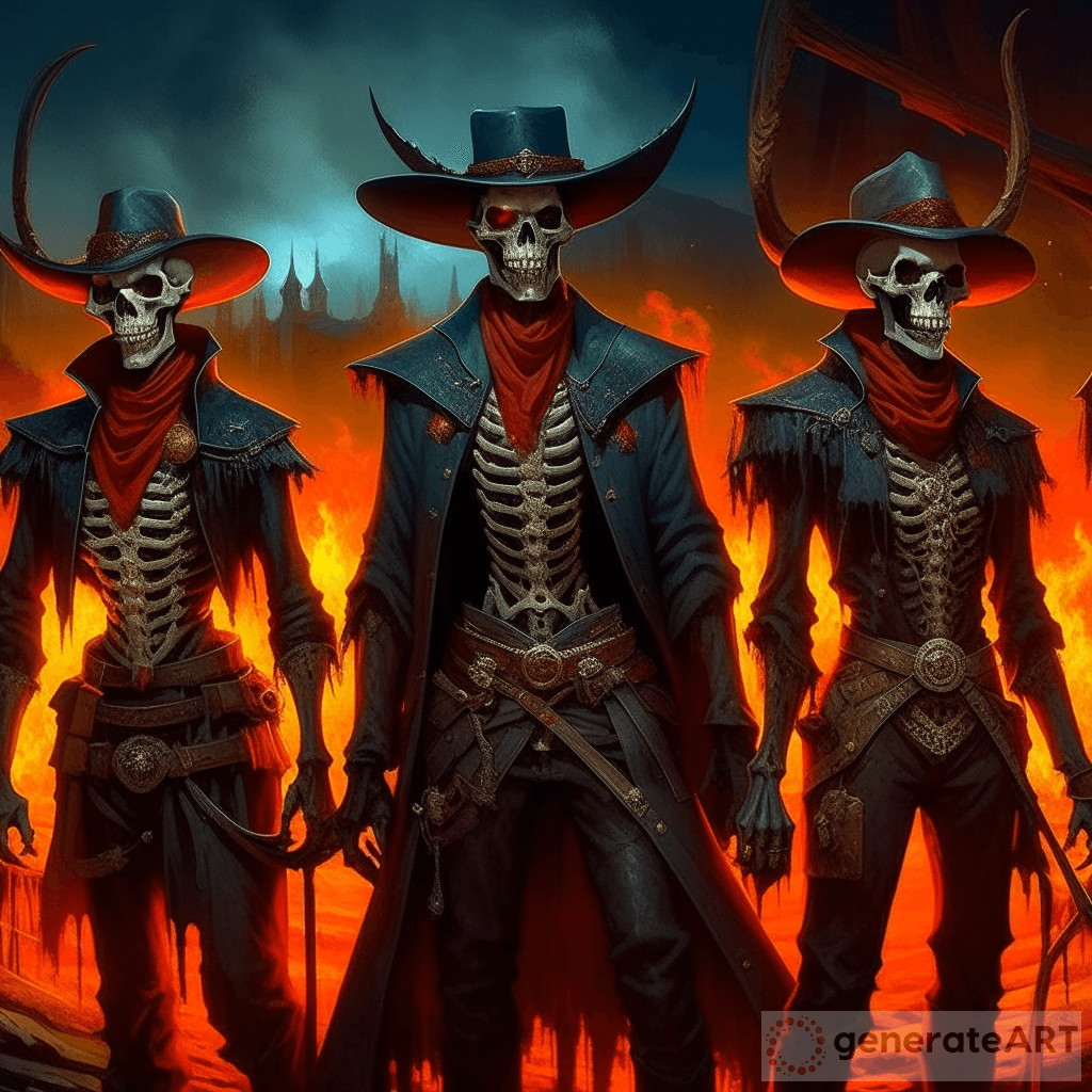 Skeletal Cowboys in Hell's Marketplace: A Sinister Tale | GenerateArt