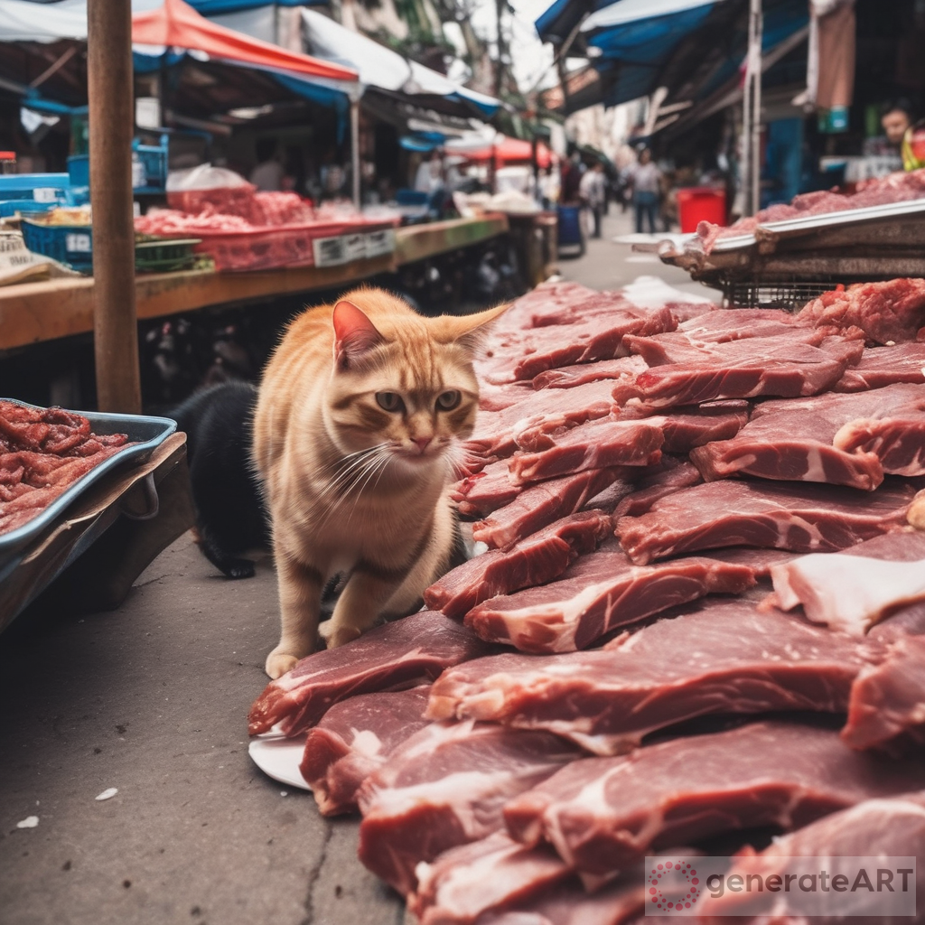 Sneaky Cat Stealing Meat from Market | GenerateArt