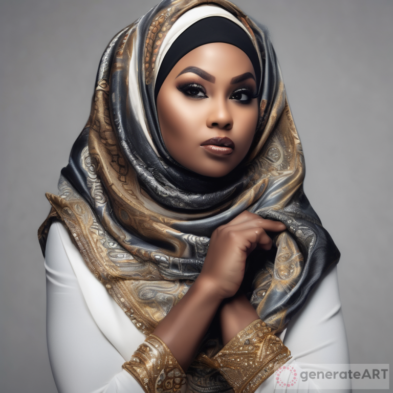 A Beautiful Voluptuous Muslim Black Woman Queen  Of The Future In Ethnic Muslim Hijab Clothing .