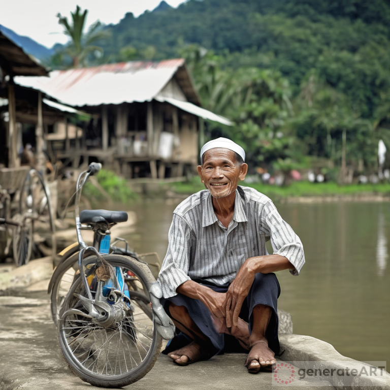 malay man, old village, sitting, river, mountain, bicycle